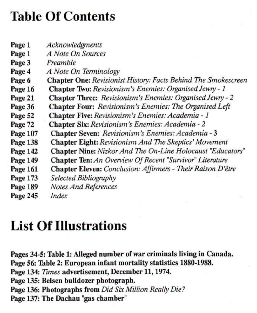 Table of Contents of Holocaust Affirmers